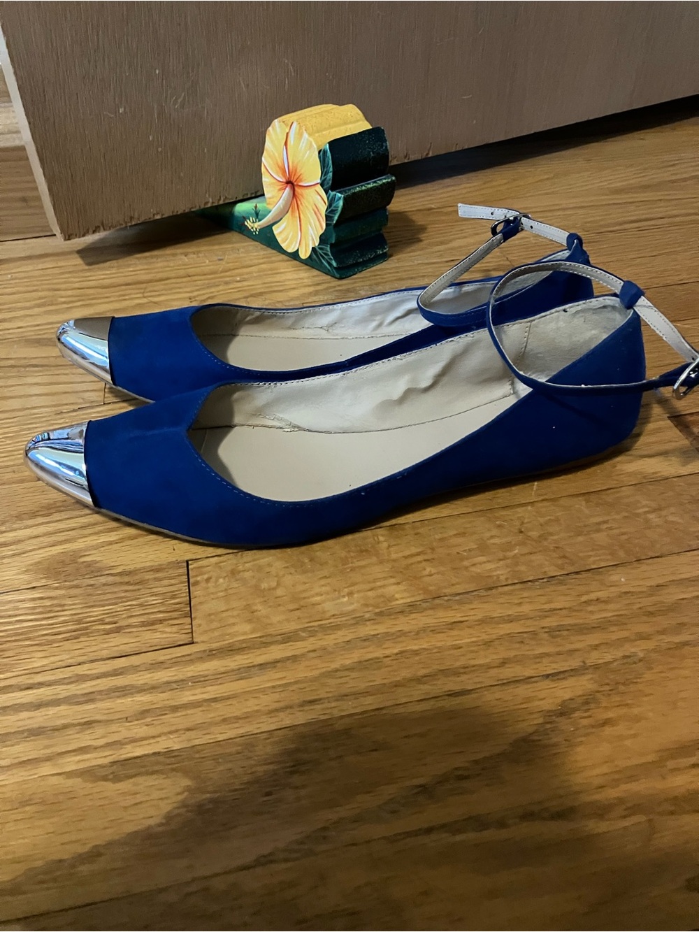 MIA Blue Pointed-Toe Ankle-Strap Flats with Silver Cap Toe